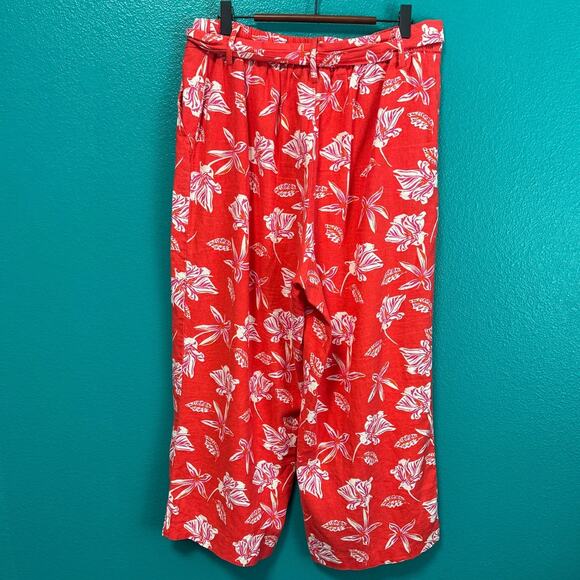 Maison d'Amelie Linen Blend Red Floral Beaded Sash Wide Leg Pant Women's Large - Picture 6 of 10